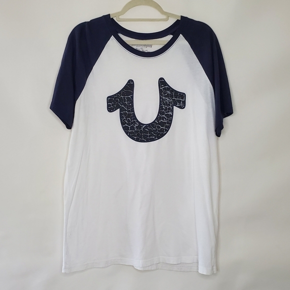 True Religion Horseshoe Buddha Men's Tee Shirt Size XL Logo Cotton Baseball Top - Picture 1 of 9